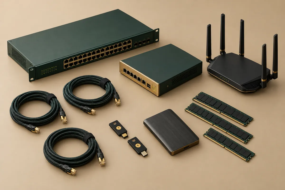Network switches, firewall appliances, ethernet cables and hardware security keys
